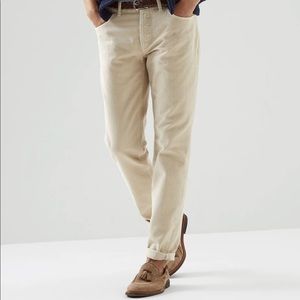 Garment-dyed traditional fit five-pocket trousers in slubbed cotton denim